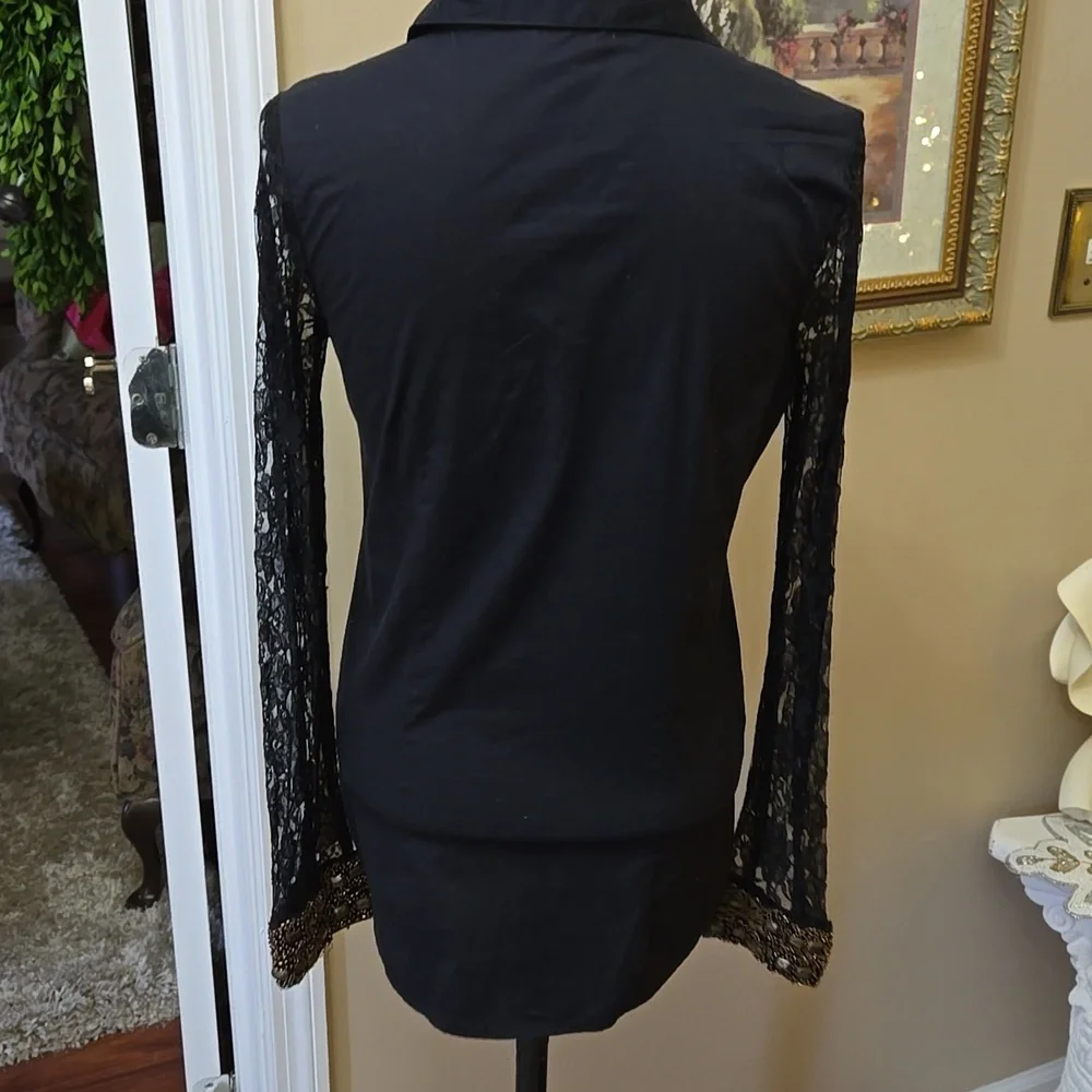 BKE BOUTIQUE Elegant Blouse W/ Black Lace Sleeve Beaded Neck/cuffs Stretch S EUC - Picture 6 of 9
